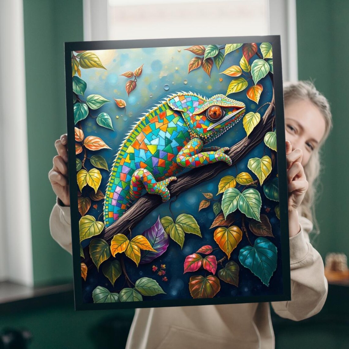 Mosaic Chameleon Art Poster Stained Glass Lizard Branch Colorful Leaves