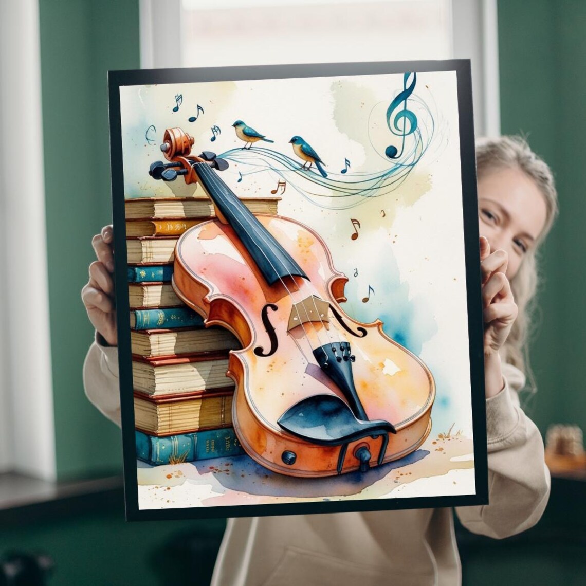 Watercolor Violin Bluebirds Musical Notes Books Music Lover Poster