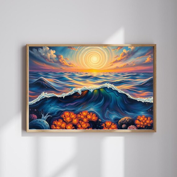 Ocean Wave Sunset Surreal Seascape Swirling Sun and Coral Art Poster