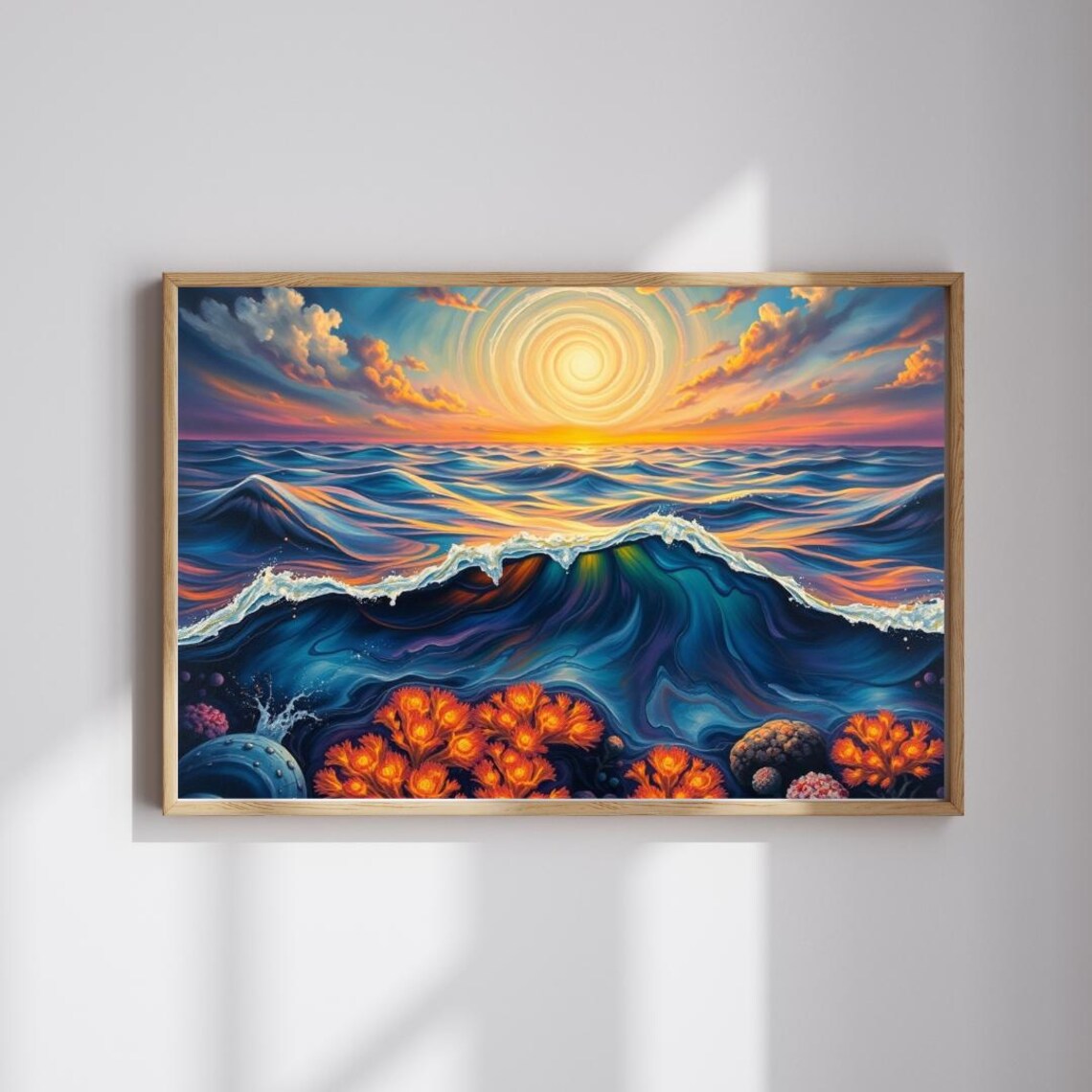 Ocean Wave Sunset Surreal Seascape Swirling Sun and Coral Art Poster