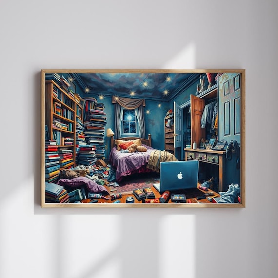 Chaotic Messy Bedroom Night Books Laptop String Lights Funny Art Poster