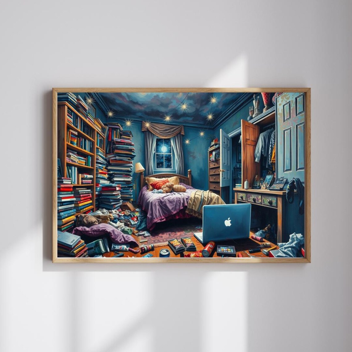 Chaotic Messy Bedroom Night Books Laptop String Lights Funny Art Poster