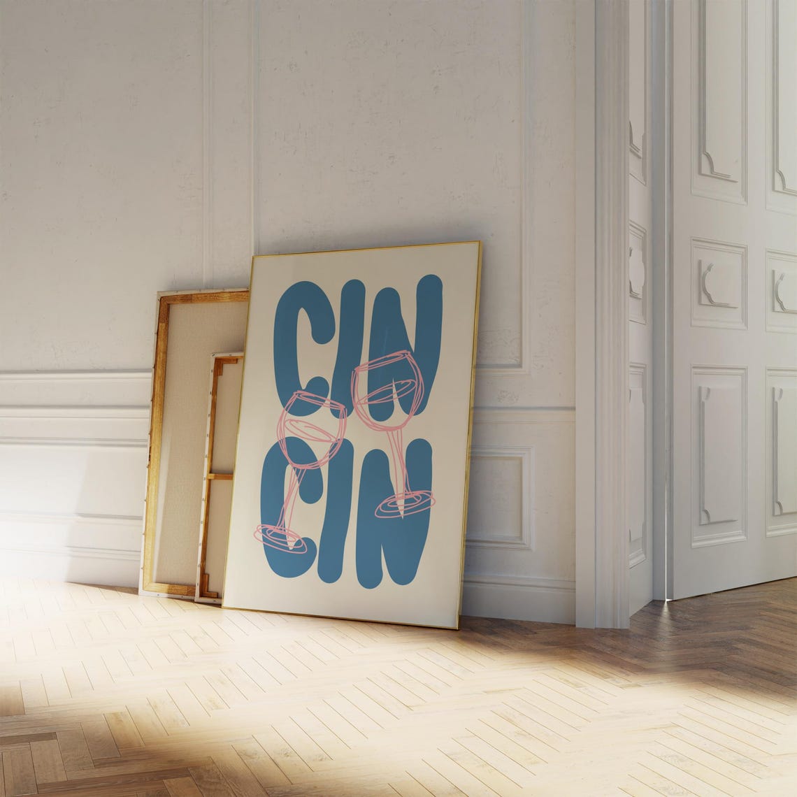 Cin Cin Blue Bubble Letters Pink Wine Glasses Bar Cart Poster - Image 2