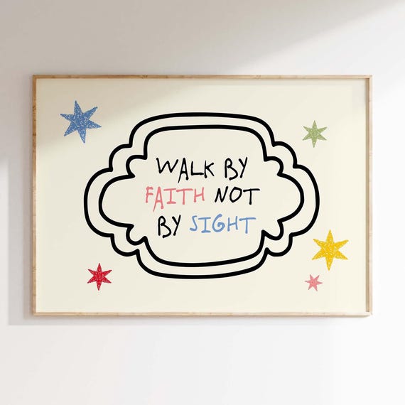 Walk By Faith Print Cute Bible Verse Art Colorful Kids Room Decor Retro Scripture Poster Inspirational Quote Playroom Wall