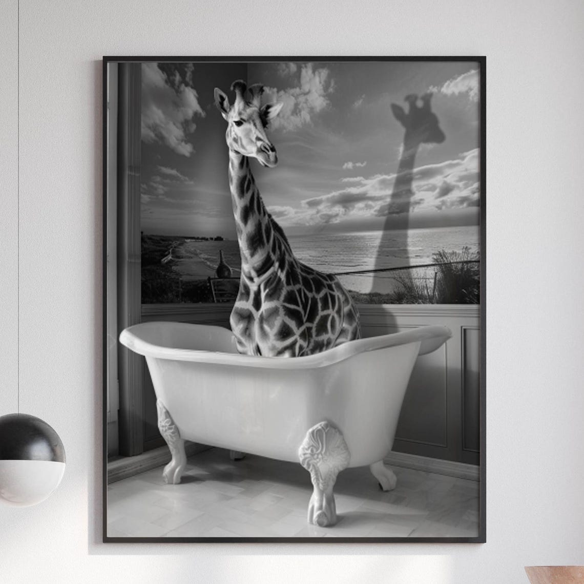 Giraffe Relaxing in Vintage Clawfoot Bathtub Black White Art Poster