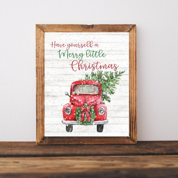 Merry Little Christmas Red Truck Poster, Rustic Decor