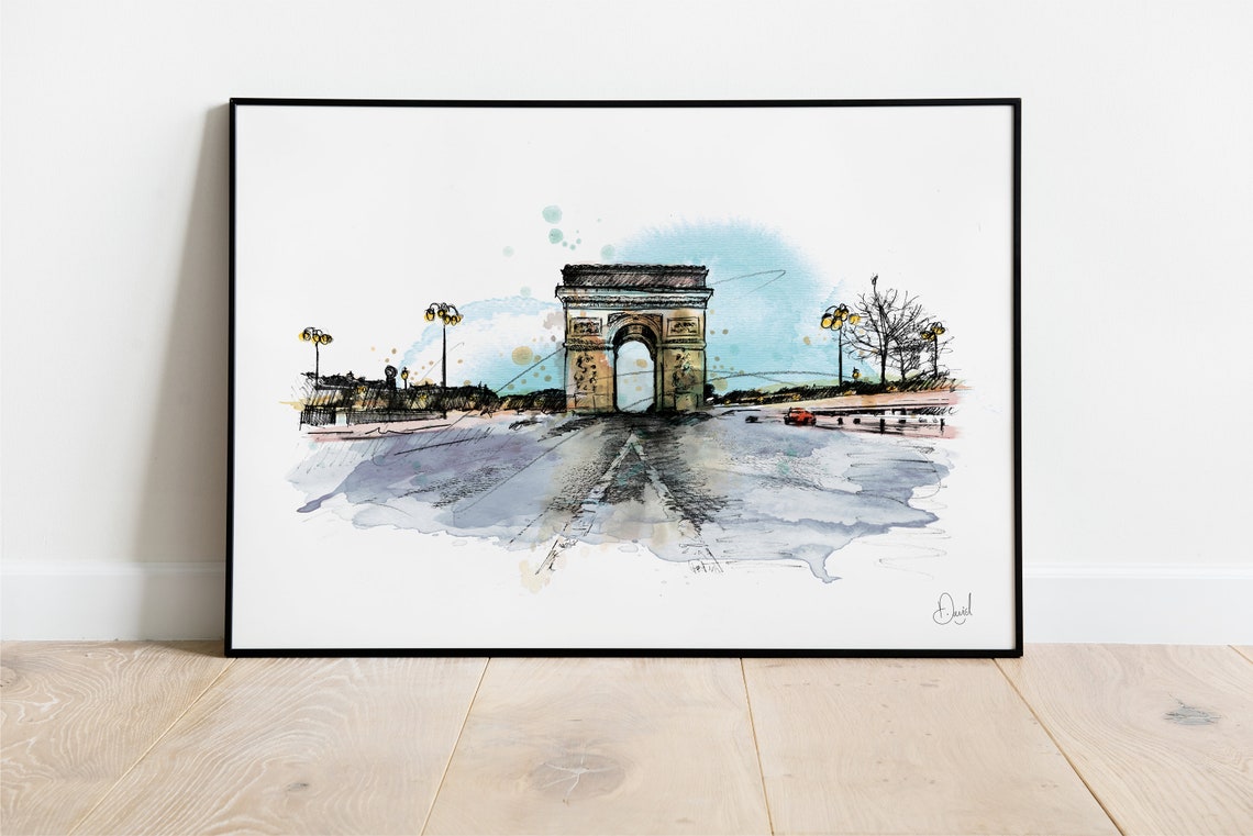 Arc De Triomphe Paris Watercolor Sketch Monument Landmark Line Print