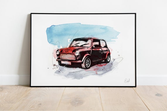 Mini Cooper Classic Car Art Print Illustration Drawing Watercolour