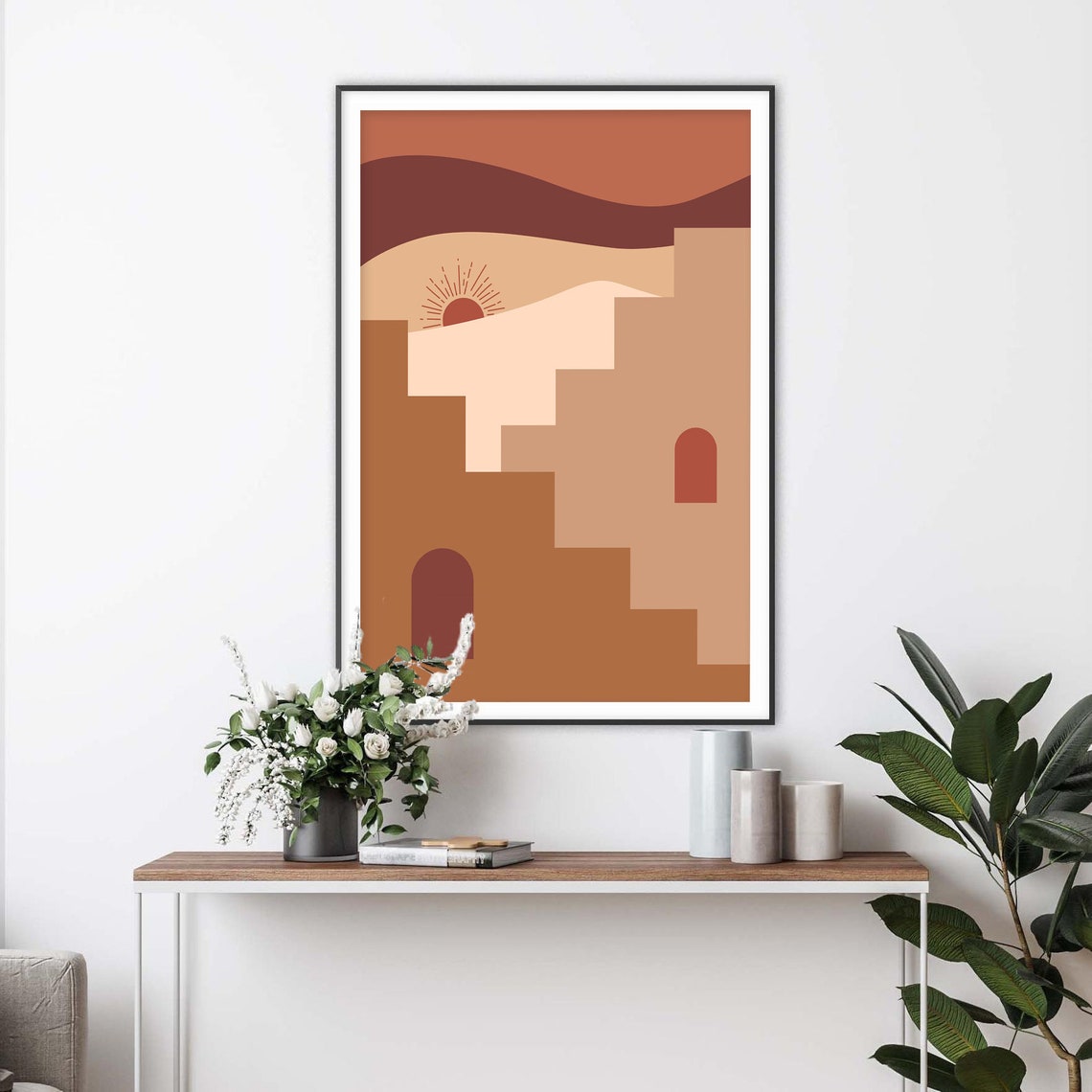 Terracotta Pueblo Steps with Small Sun Southwest Desert Scene Poster - Image 2
