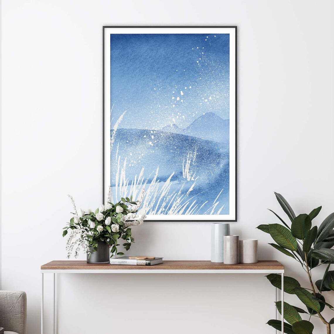 Blue Coastal Waves With White Wild Grass Spray Watercolor Art Poster - Image 2
