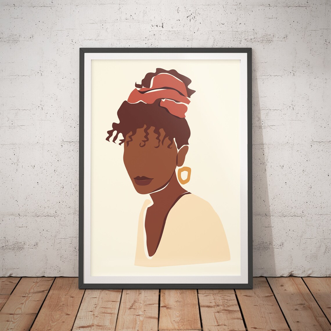Black Woman with Coral Headscarf Front Portrait Minimalist Poster