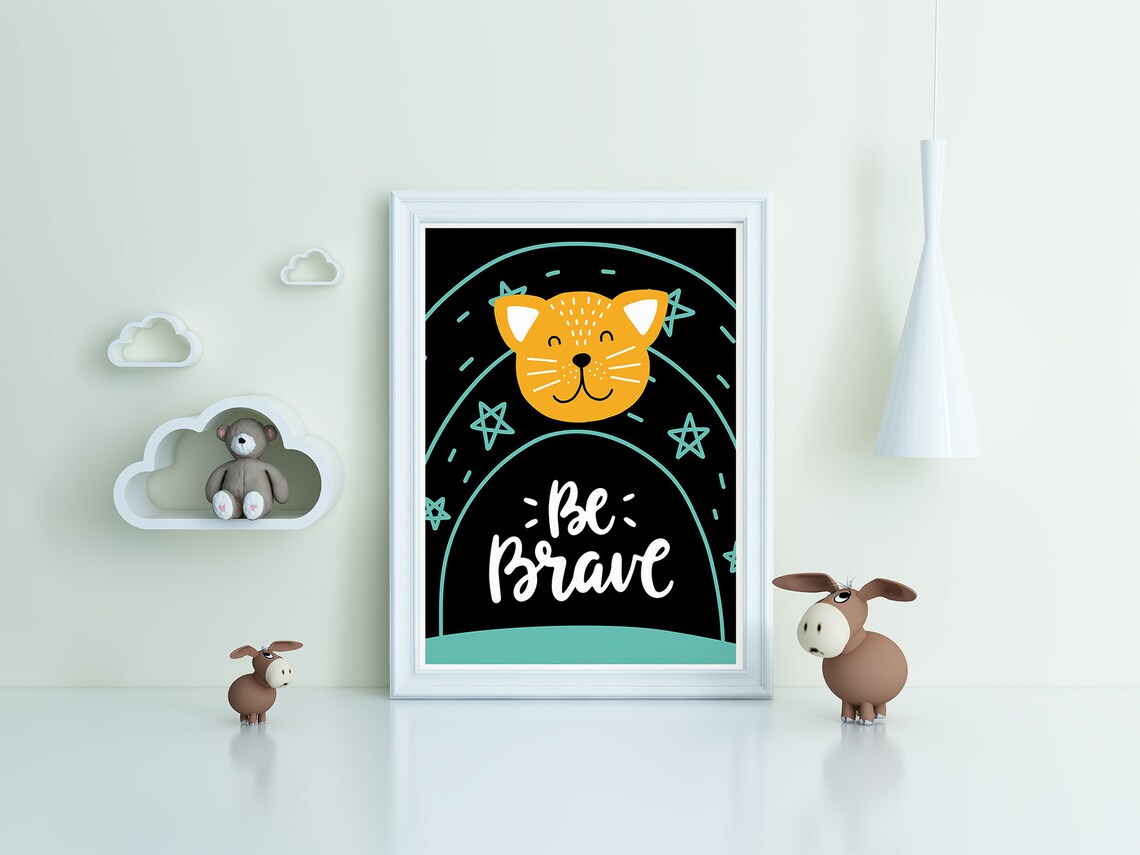 Be Brave Orange Cat Face Poster Black Night Stars Kids Bedroom Decor - Image 3