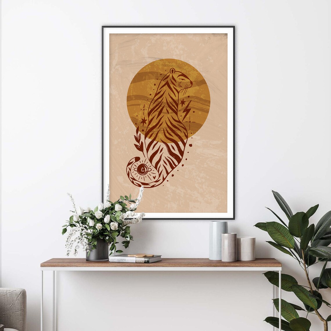 Terracotta Tiger Silhouette before Golden Sun Disc Poster for Modern Home Decor - Image 2