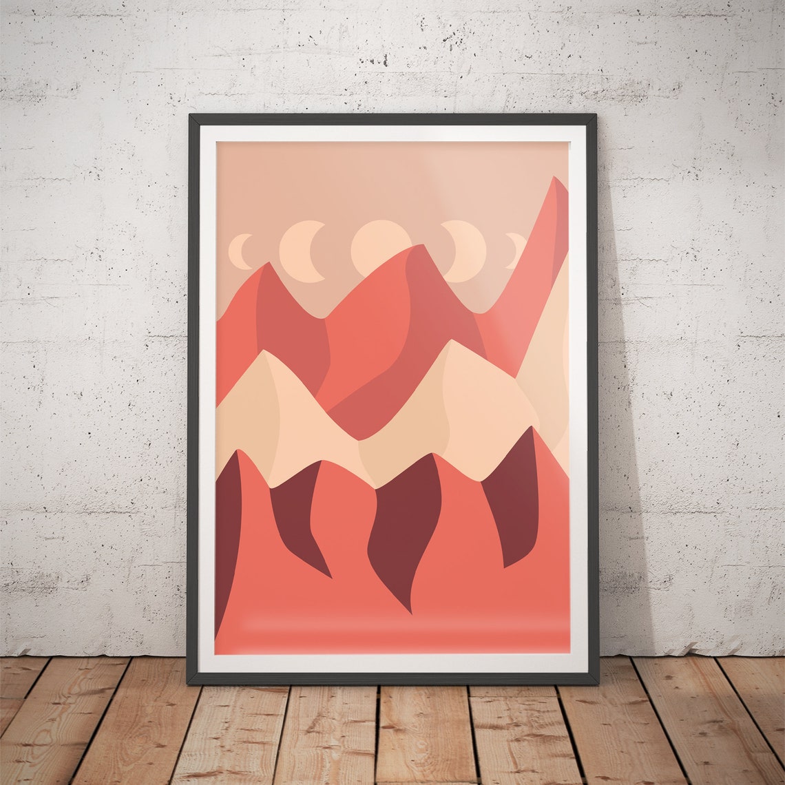 Terracotta Mountain Peaks Under Five Moon Phases Boho Art Poster