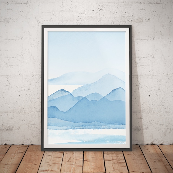 Watercolor Landscape Print No5 Blue Mountain Contemporary Minimalist Wall Art Decor Ideas For Bedroom Kitchen Or Living Room