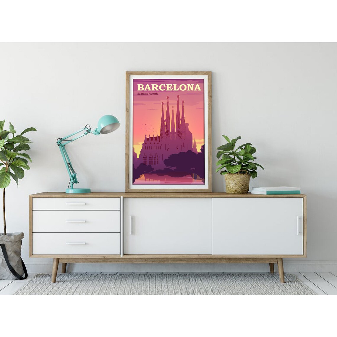 Barcelona Spain Sagrada Familia Pink Sunset Retro Travel Poster - Image 3
