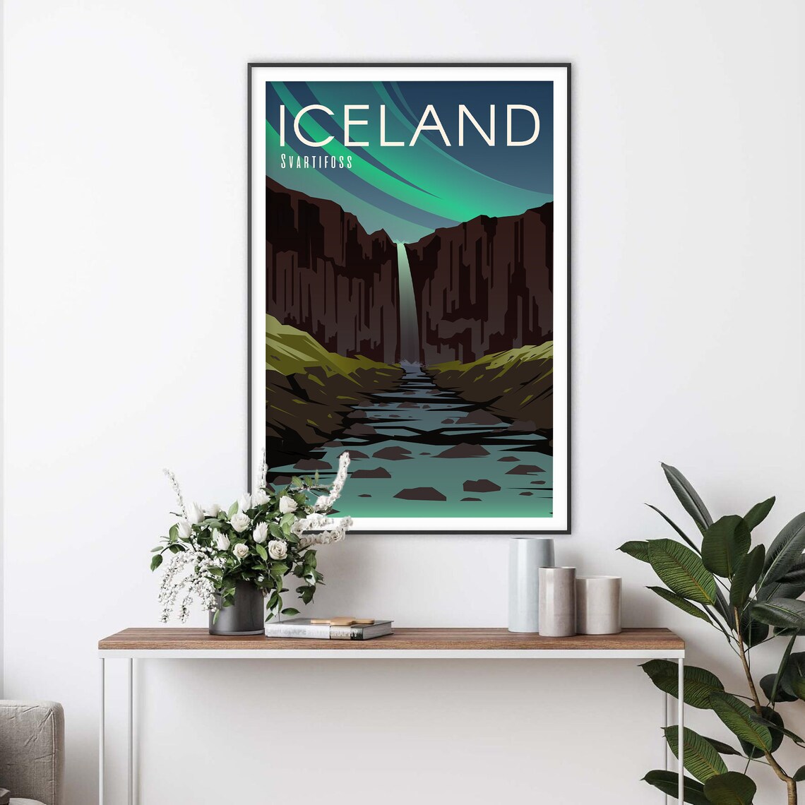 Iceland Svartifoss Waterfall Aurora Northern Lights Travel Poster - Image 2
