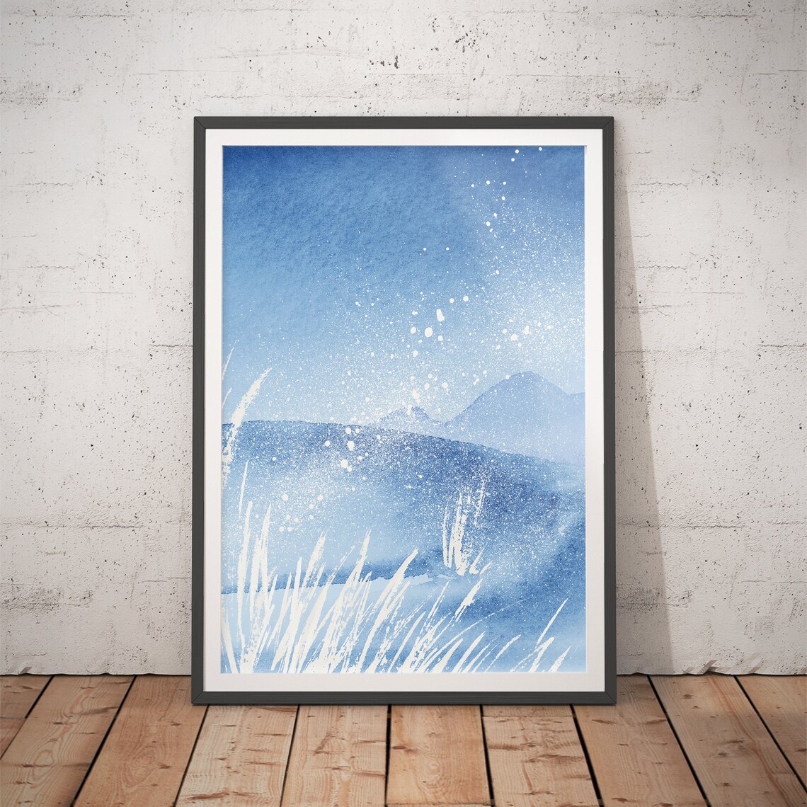 Blue Coastal Waves With White Wild Grass Spray Watercolor Art Poster