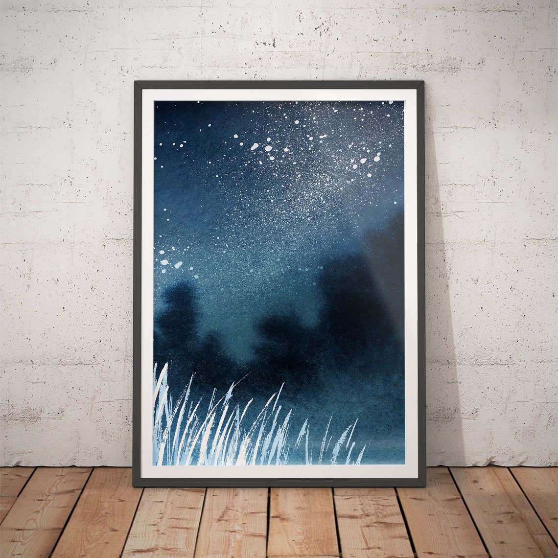 Starry Night Sky With White Wild Grass Watercolor Art Poster
