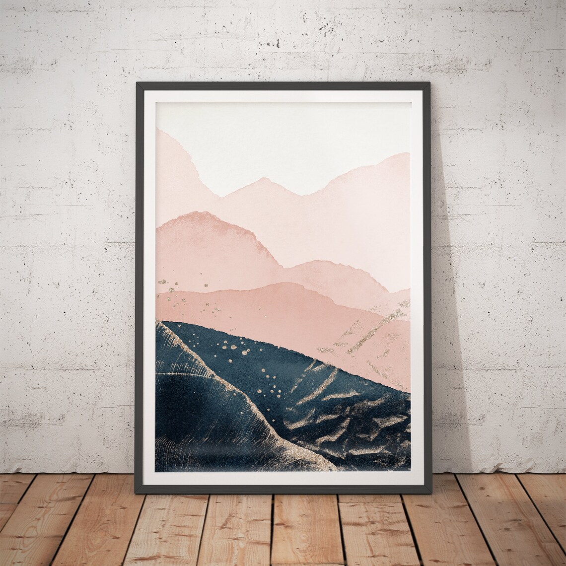 Blush Pink Mountains Navy Sea Gold Accents Modern Art Poster