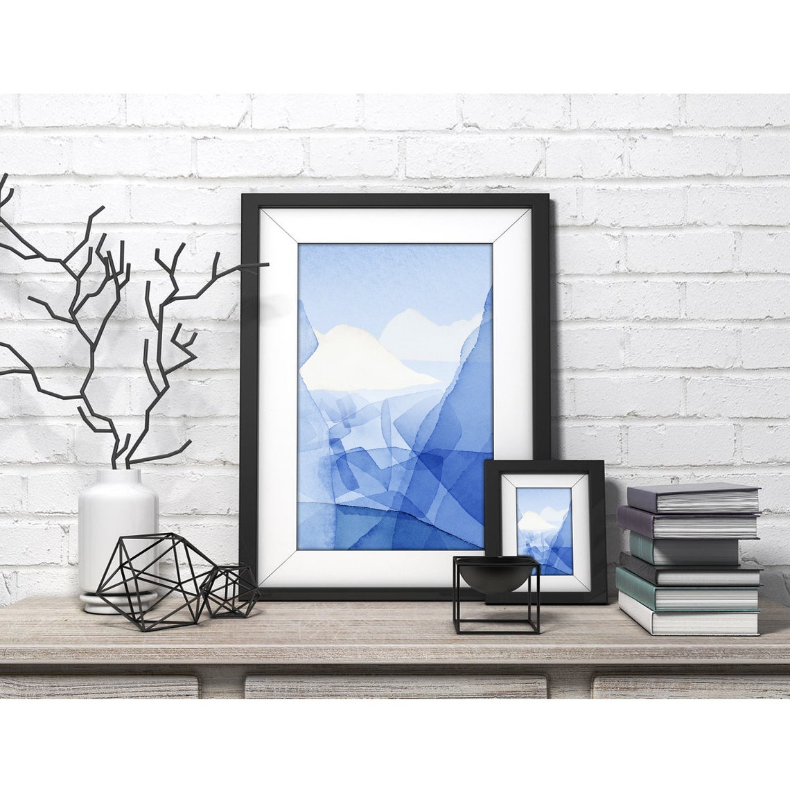Blue Abstract Watercolor Mountain Layers Minimalist Art Poster - Image 4