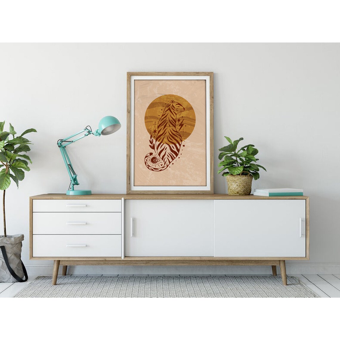 Terracotta Tiger Silhouette before Golden Sun Disc Poster for Modern Home Decor - Image 3