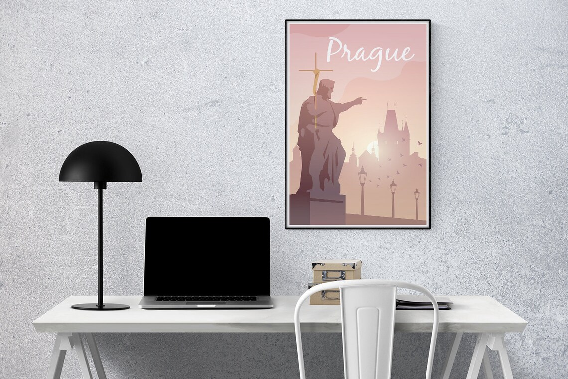 Prague Pastel Statue Old Town Skyline Minimalist Travel Wall Art - Image 3