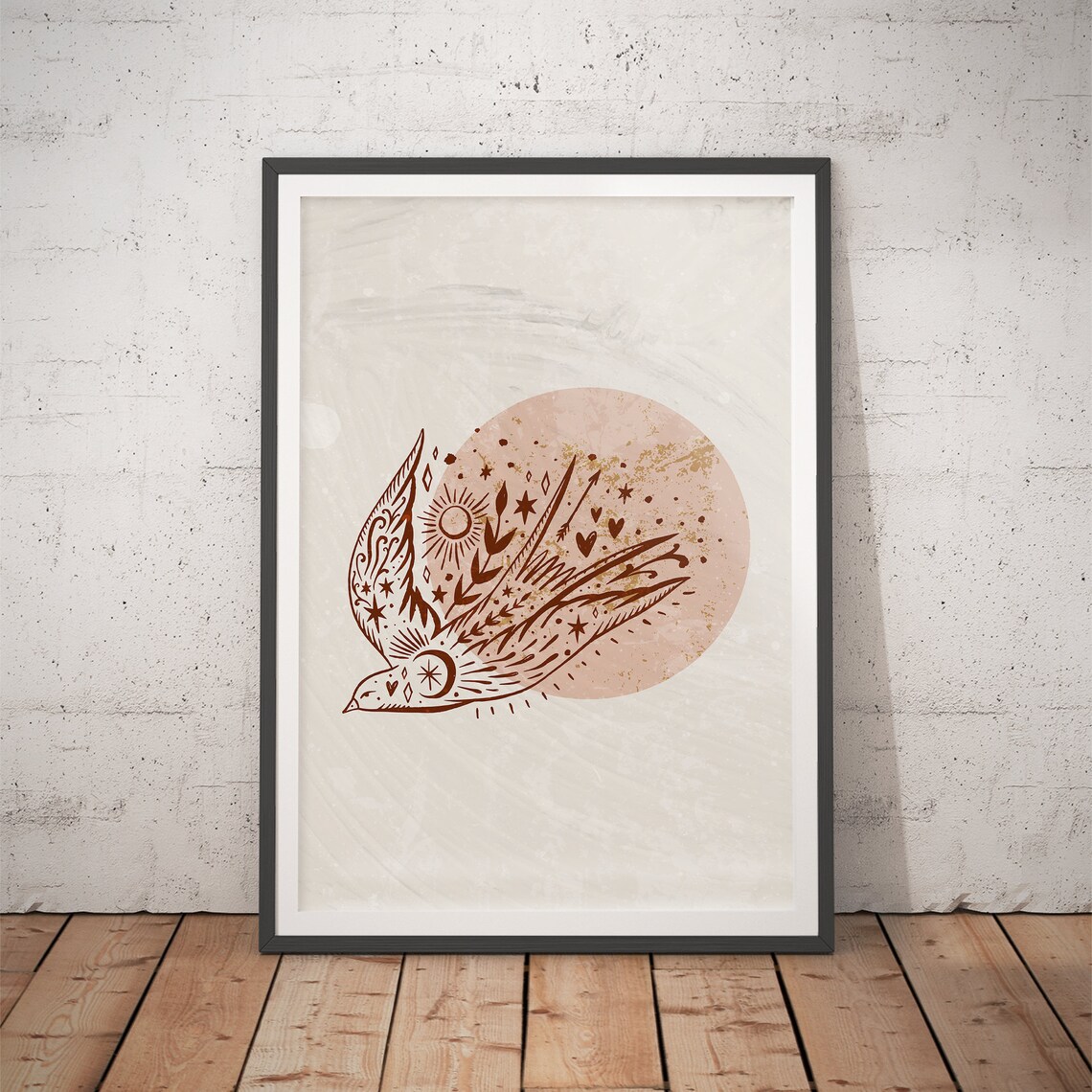 Terracotta Bird in Flight over Blush Sun Stars Poster for Modern Home Decor