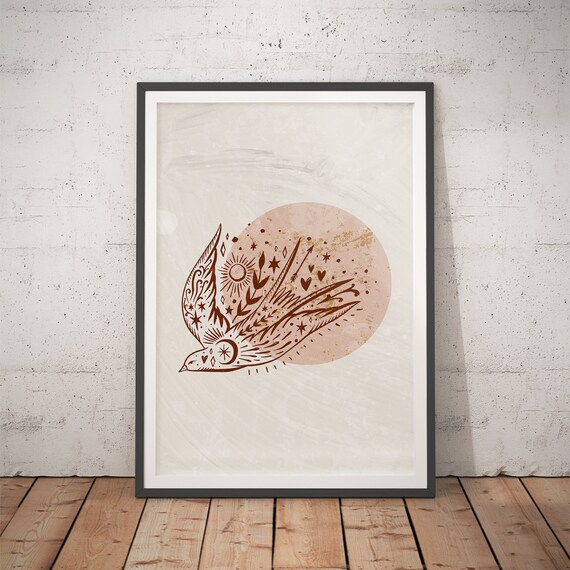 Terracotta Bird in Flight over Blush Sun Stars Poster for Modern Home Decor