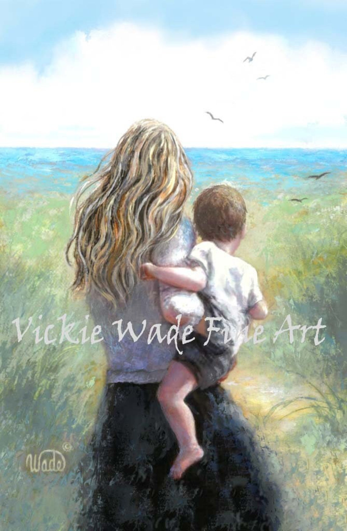 Blonde Mother Carrying Baby Son Across Dunes Toward the Ocean Poster