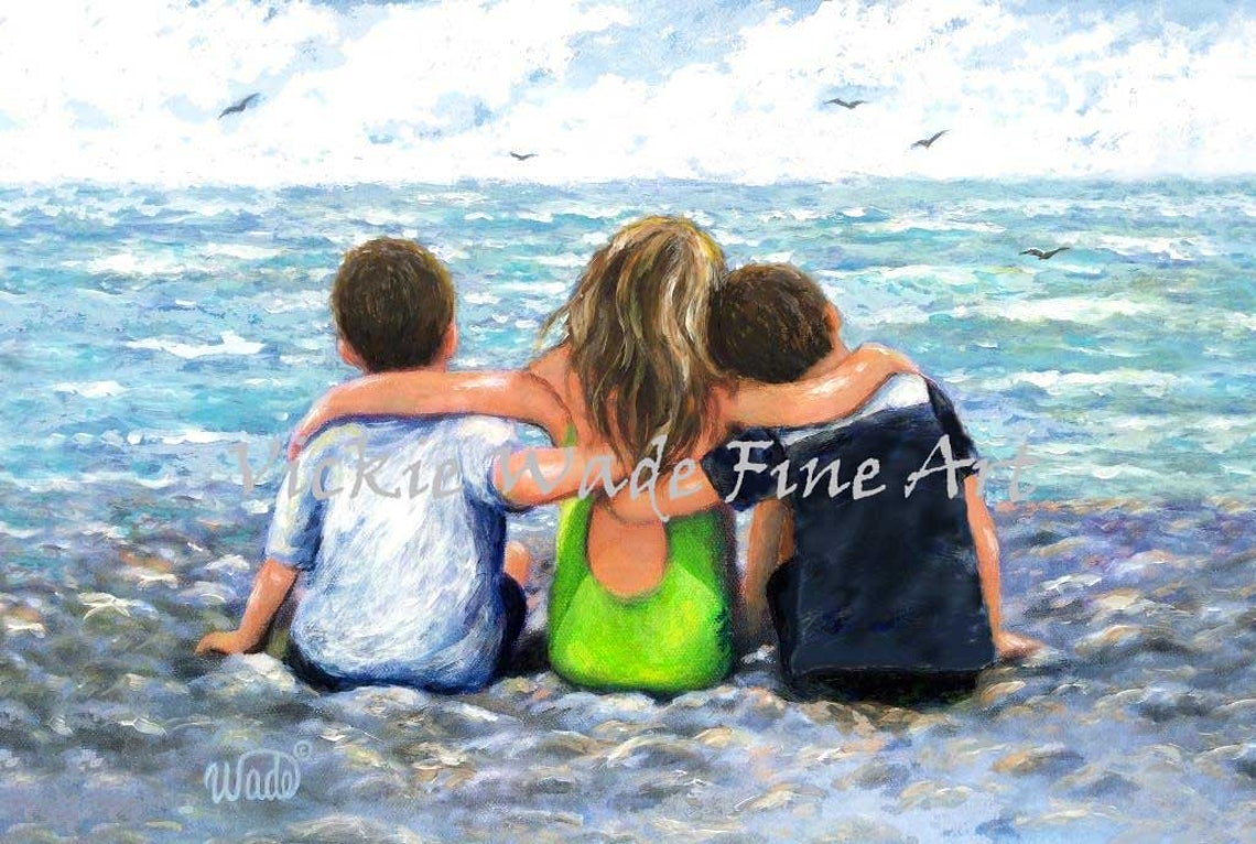Two Boys And Sister Hugging On Rocky Beach Facing The Sea Poster