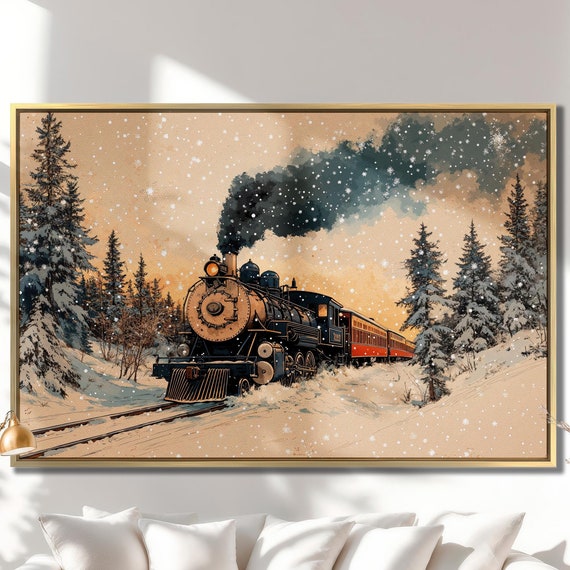 Steam Train On Railroad Framed Canvas Wall Art Winter Forest Landscape Painting Print Locomotive Poster Snowy Trees Decor Gift Ready To Hang