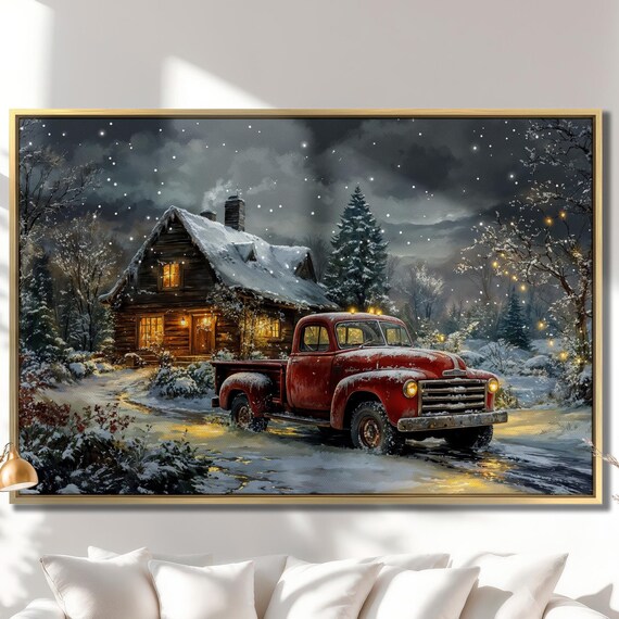 Snowy Log Cabin Vintage Red Truck Christmas Night Farmhouse Poster