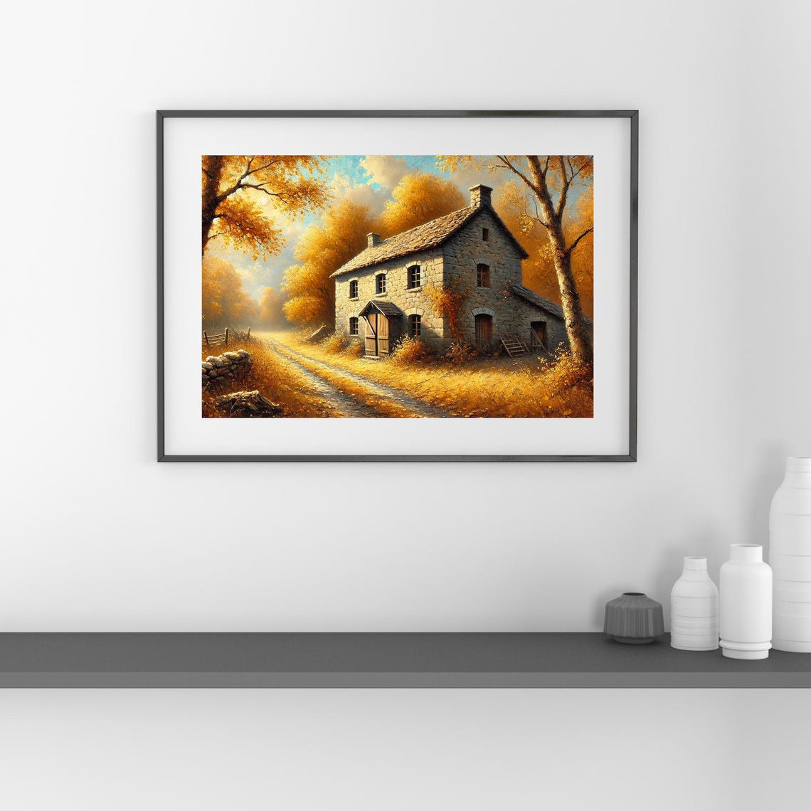 Stone House Among Golden Autumn Trees Fall Landscape Art Poster - Image 2