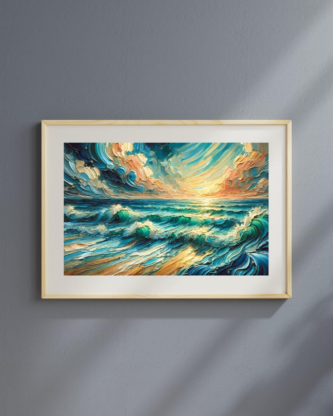 Golden Sunset Over Sculpted Ocean Waves Impasto Oil Art Poster