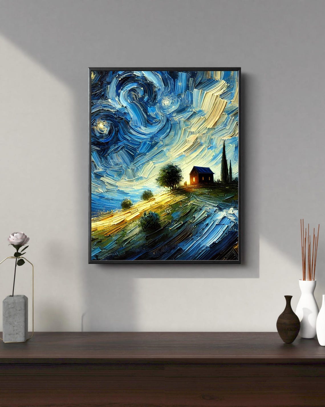 Starry Night On A Hill Abstract Impasto Artwork Wall Art - Image 2