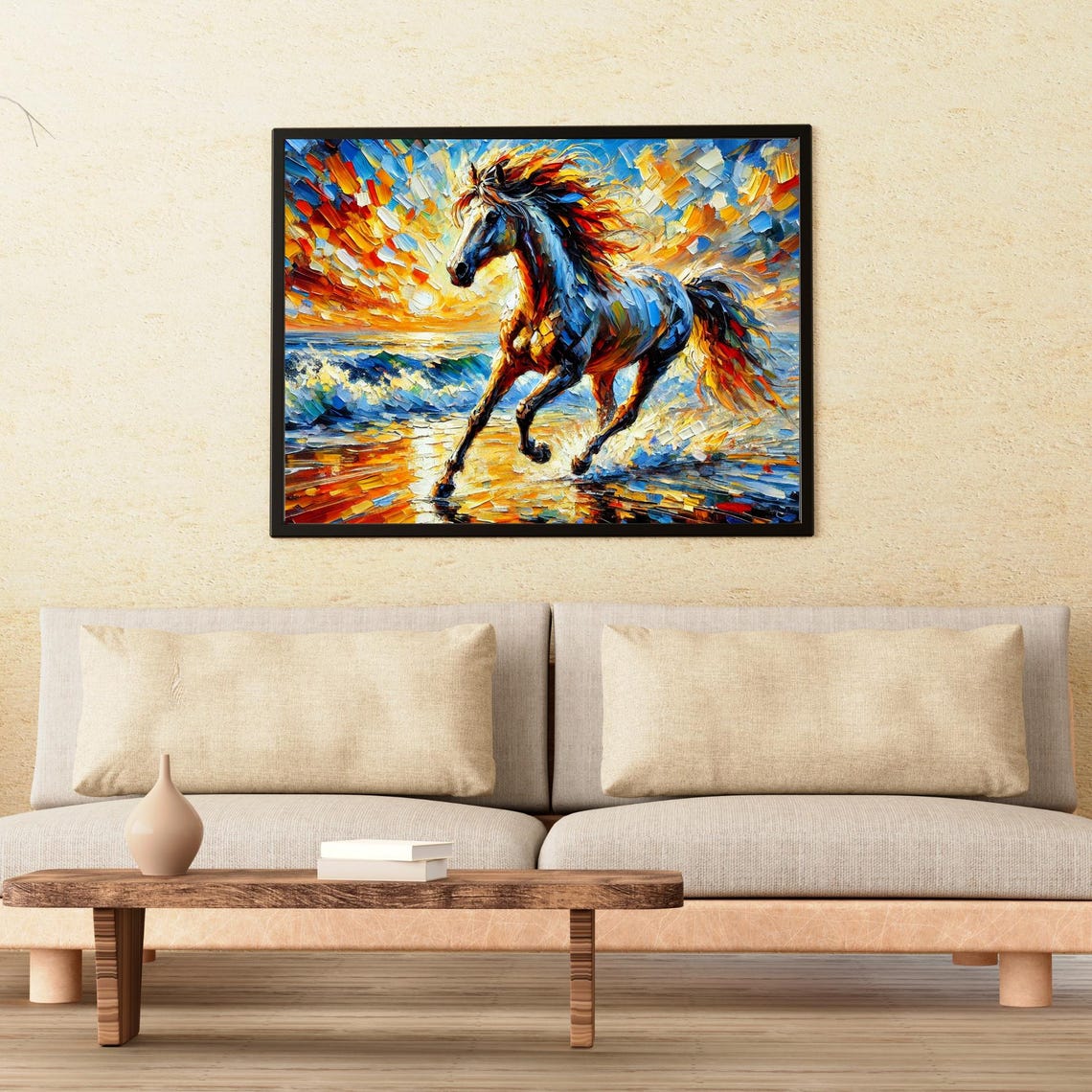 Galloping Wild Horse On A Glowing Sunset Beach Impasto Oil Poster - Image 2