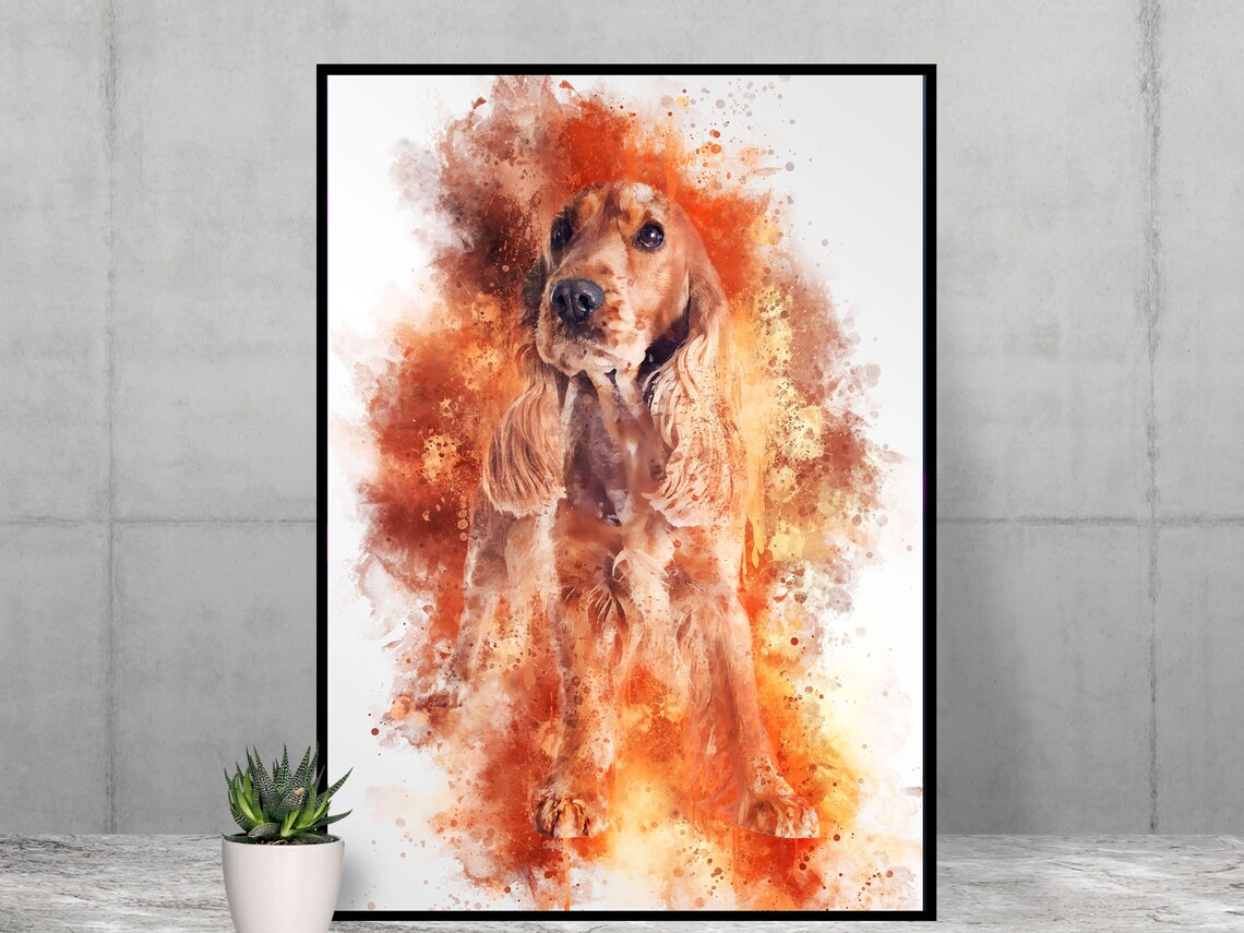 Cocker Spaniel Watercolor Splash Wall Art Golden Dog Portrait Gift For Owners