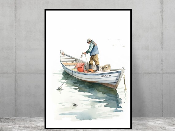 Fisherman In Wooden Boat Watercolor Coastal Scene Illustration Print