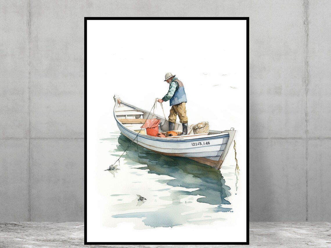 Fisherman In Wooden Boat Watercolor Coastal Scene Illustration Print