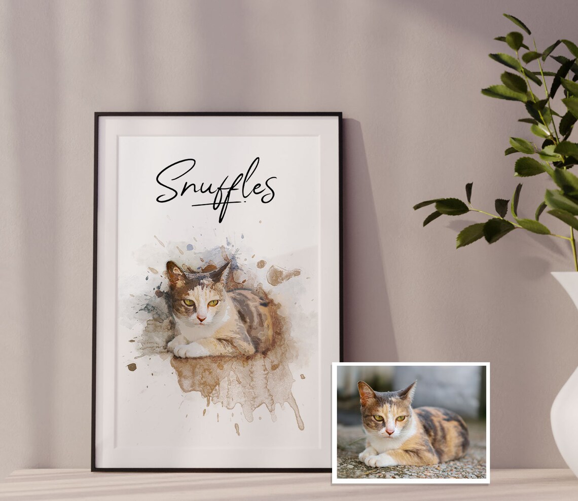 Snuffles Custom Cat Portrait Watercolor Personalized Pet Art Poster
