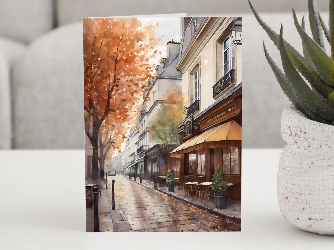 Coffee Shop Autumn Scene, Parisian Watercolour Art Print