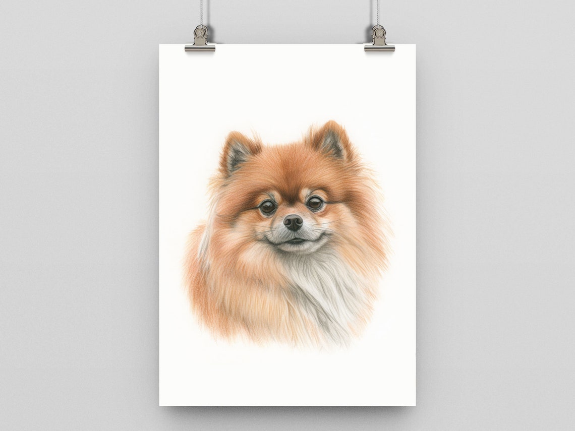 Pomeranian Colour Pencil Portrait Poster With Fluffy Orange Coat