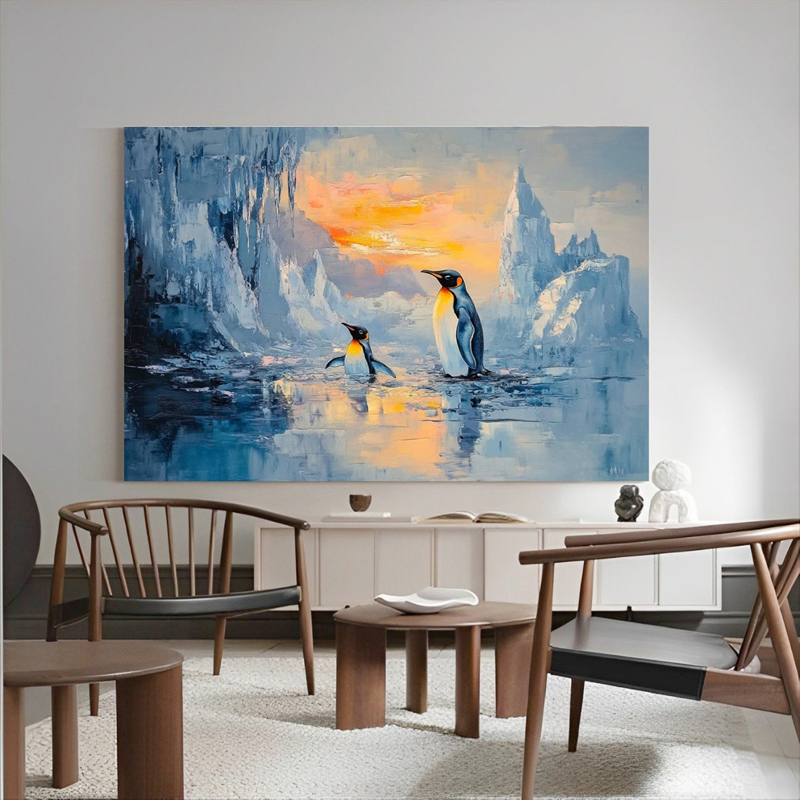 Charming Penguin Pair Resting on Icebergs at Sunset Arctic Poster