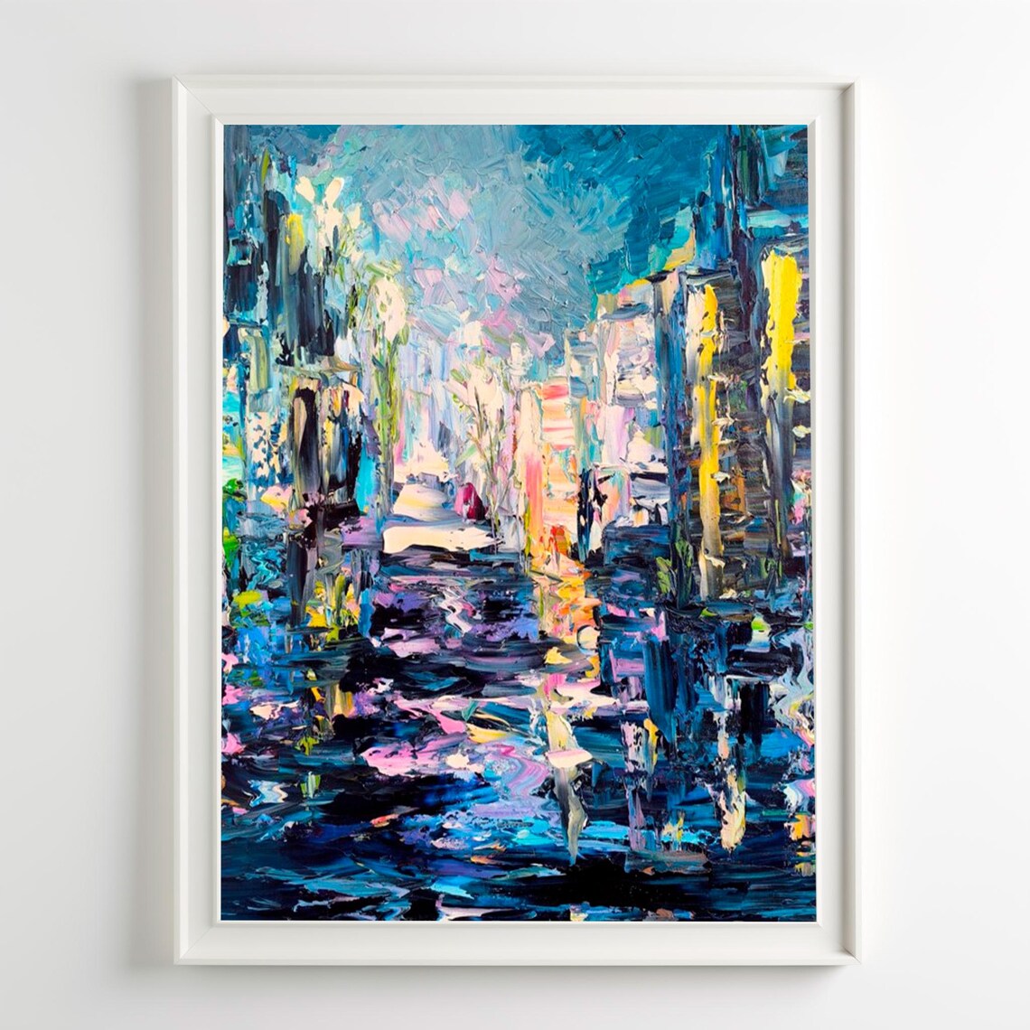 Blue Night Cityscape Abstract Urban Rainy Street Textured Oil Art Poster