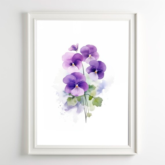 Purple Pansy Watercolor Flower Minimalist Botanical Wall Art