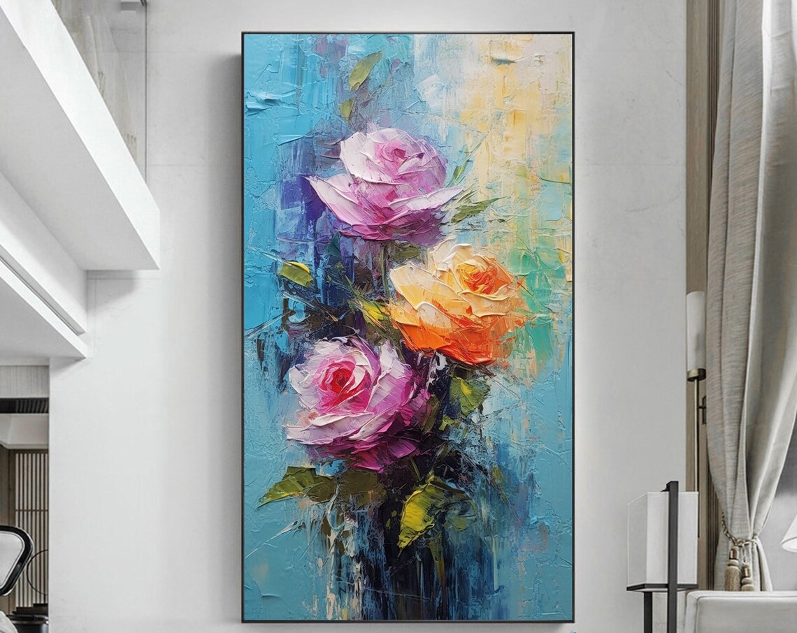 Abstract Pink Orange Roses on Blue Textured Oil Painting Poster