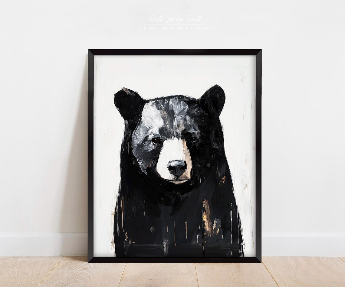 Black Bear Portrait White Background Bold Modern Cabin Wildlife Poster