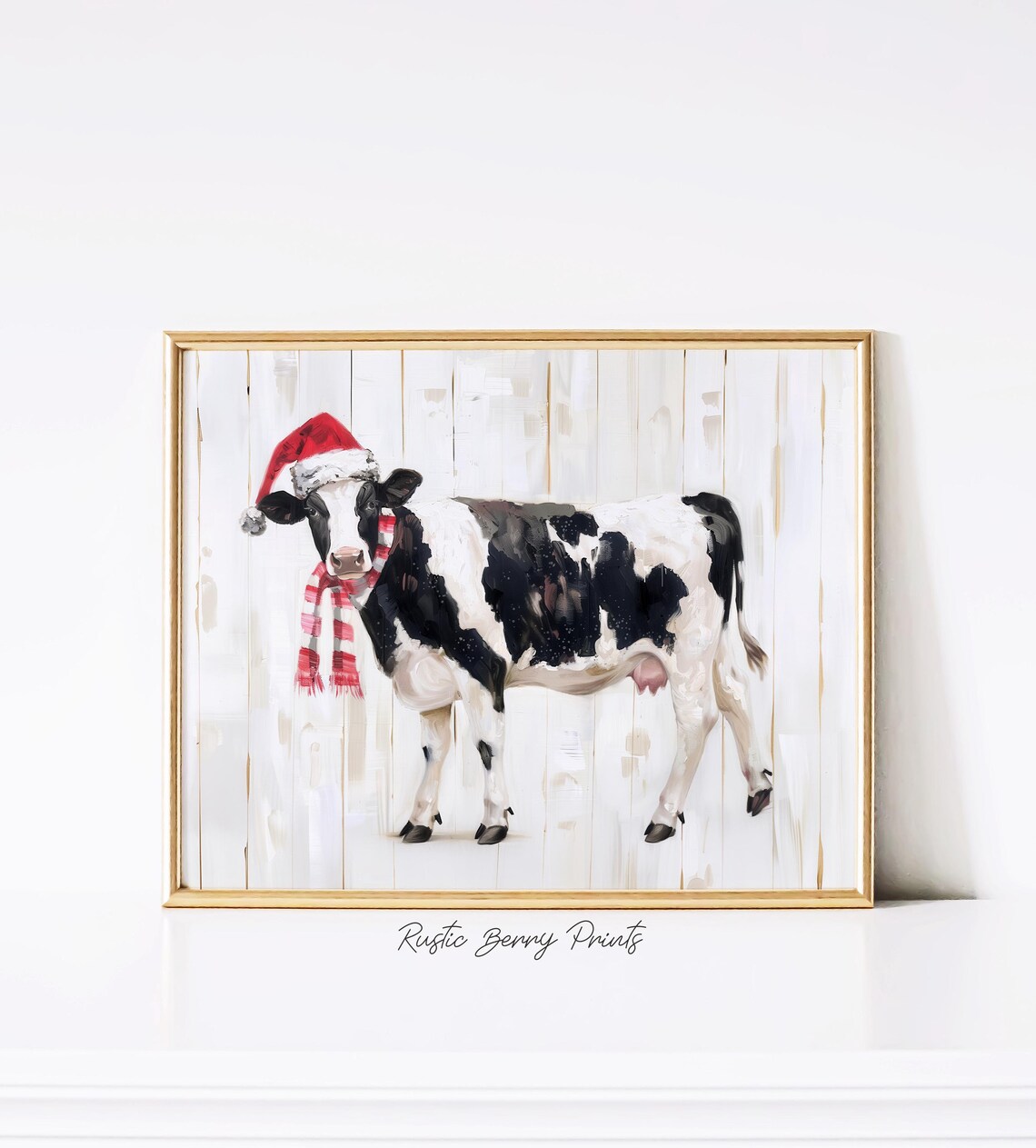 Santa Hat Holstein Cow Red Scarf Farmhouse Christmas Animal Art Poster