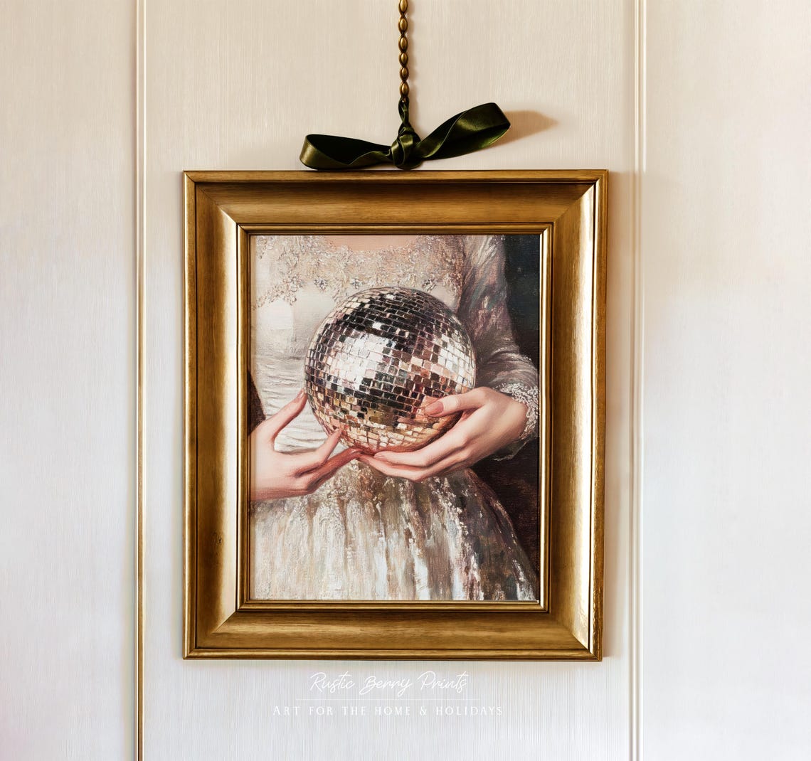 Champagne Gown Lady Holding Disco Ball Antique Painting Print - Image 4